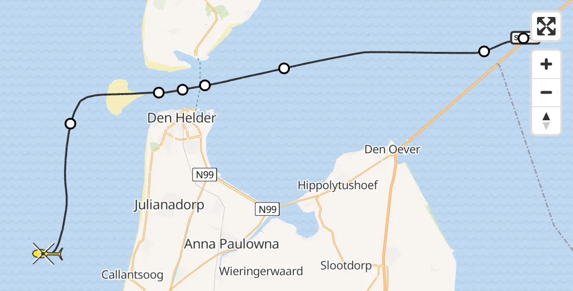 Routekaart van de vlucht: Kustwachthelikopter naar Afsluitdijk