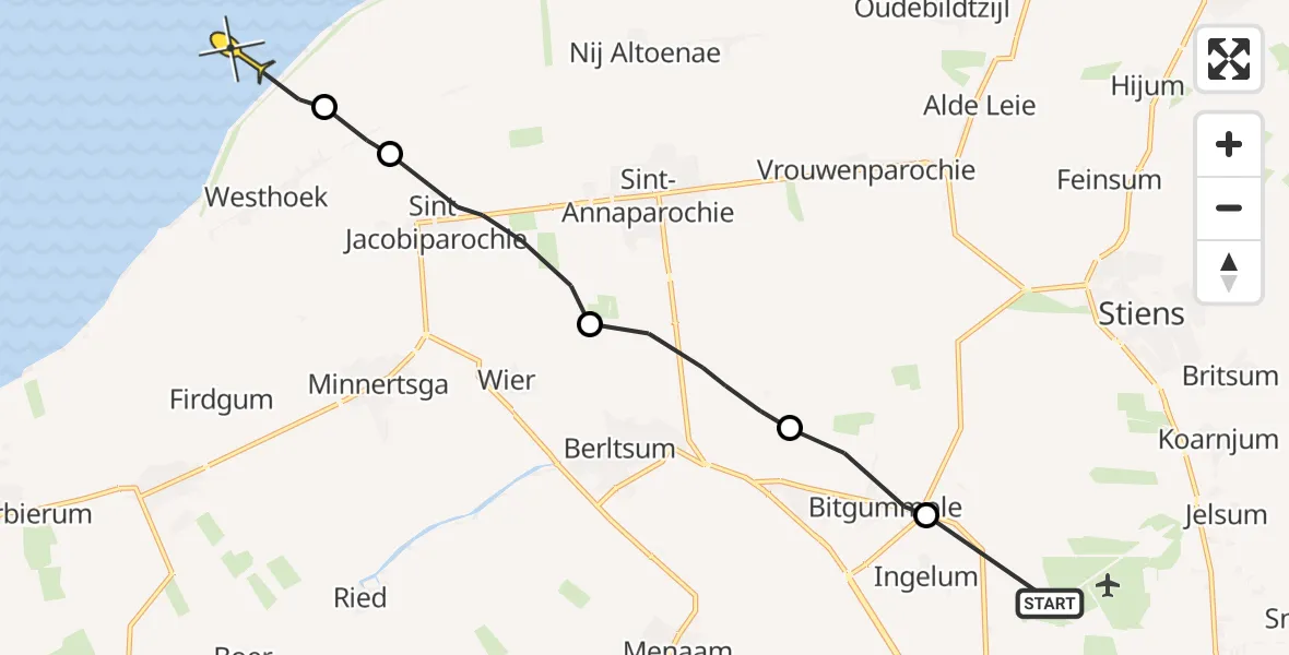 Routekaart van de vlucht: Ambulancehelikopter naar St.-Annaparochie, Dyksterhuzen
