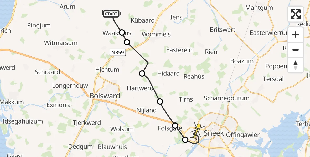 Routekaart van de vlucht: Ambulancehelikopter naar Sneek, Buorren