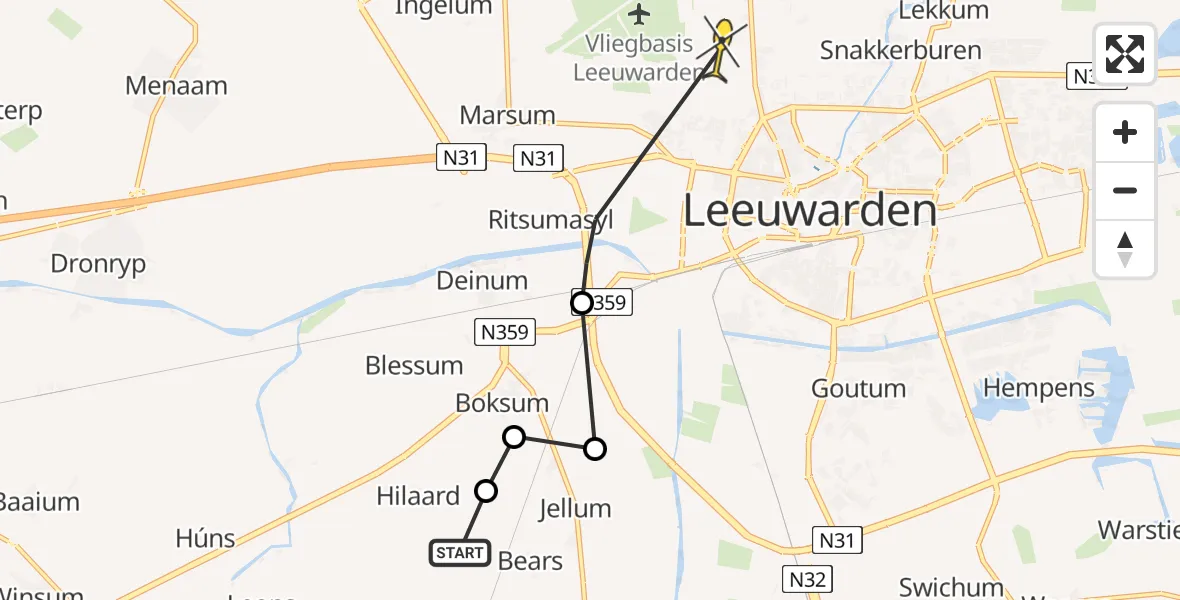 Routekaart van de vlucht: Ambulancehelikopter naar Vliegbasis Leeuwarden, It Reedtsje