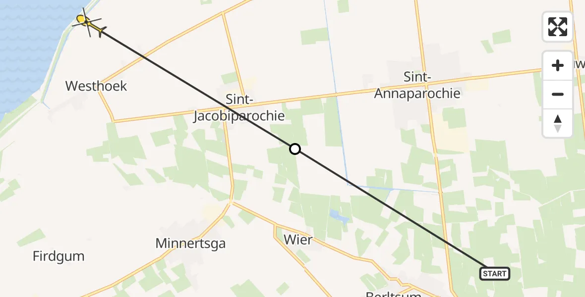 Routekaart van de vlucht: Ambulancehelikopter naar St.-Jacobiparochie, Zuidoosterpolder