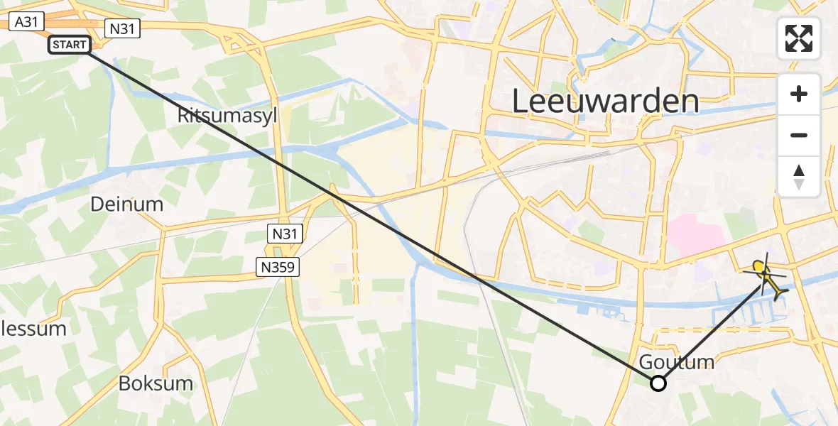 Routekaart van de vlucht: Ambulanceheli naar Leeuwarden, De Nije Oanliz