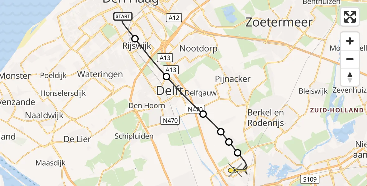 Routekaart van de vlucht: Lifeliner 2 naar Rotterdam The Hague Airport, Haagse Stadswijngaard