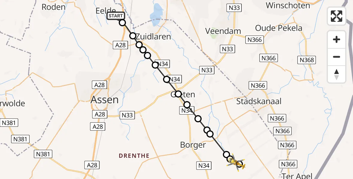 Vluchtroute Traumahelikopter Groningen Airport Eelde - Exloërveen, 04 februari 2024, 09:28