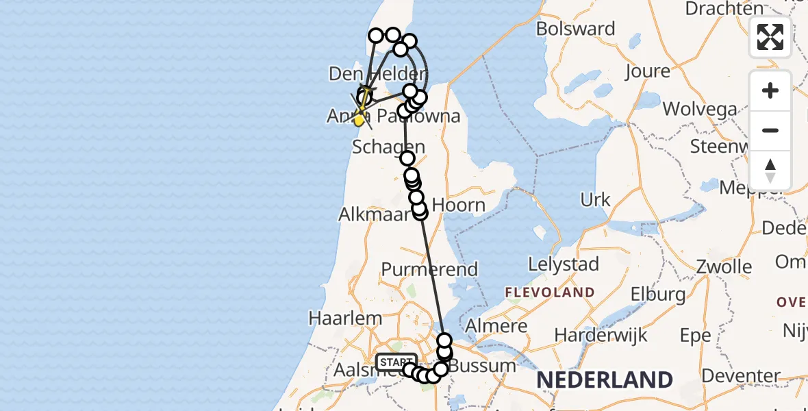 Routekaart van de vlucht: Politiehelikopter naar Callantsoog, Molenwetering