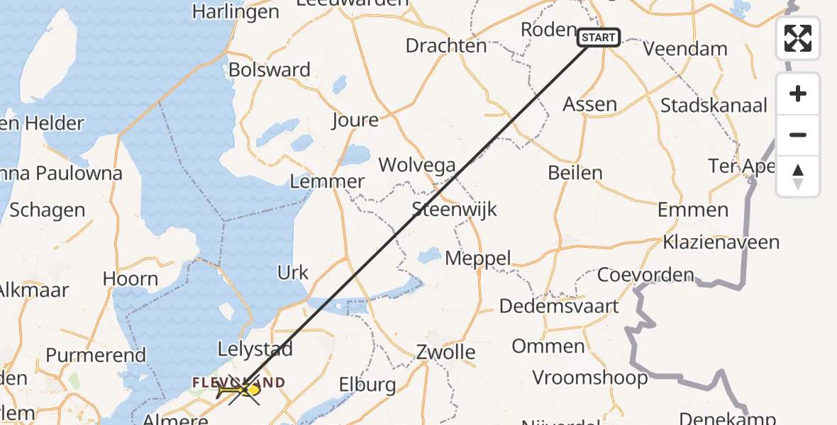 Routekaart van de vlucht: Traumaheli naar Lelystad, Rijksweg A6 de Aalscholver