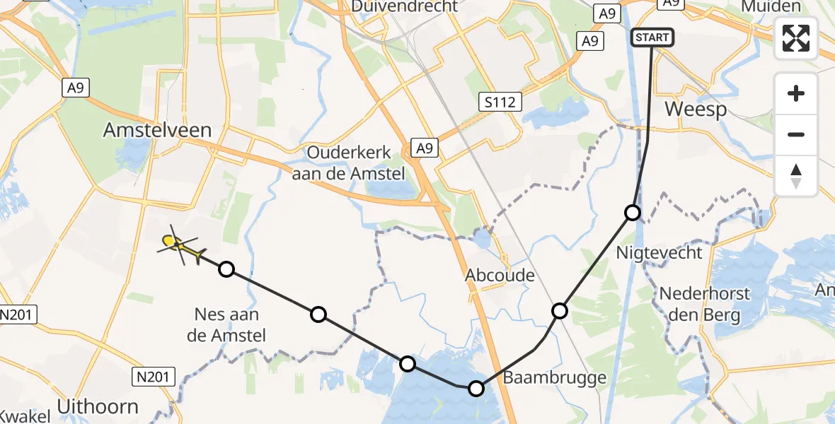 Routekaart van de vlucht: Politieheli naar Amstelveen, Basisweg