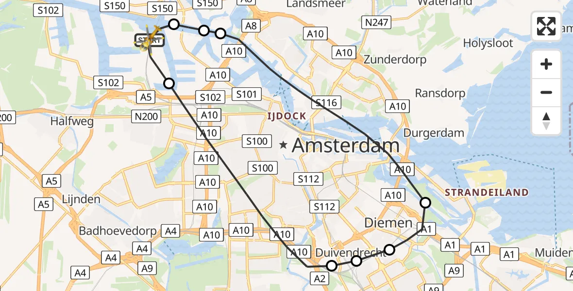 Vluchtroute Traumahelikopter van Amsterdam Heliport naar Amsterdam Heliport