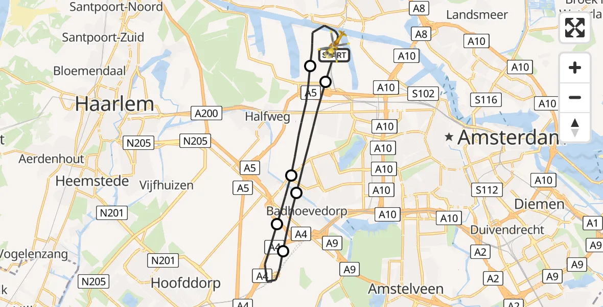 Vluchtroute Traumahelikopter van Amsterdam Heliport naar Amsterdam Heliport
