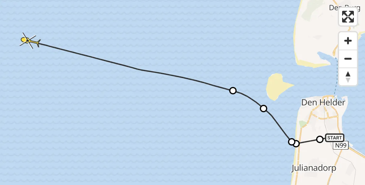 Routekaart van de vlucht: Kustwachthelikopter naar Kortevliet