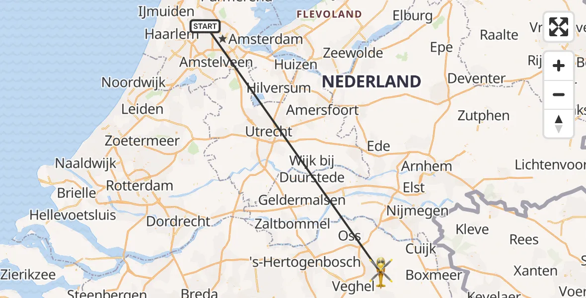 Vluchtroute Traumahelikopter van Amsterdam Heliport naar Vliegbasis Volkel