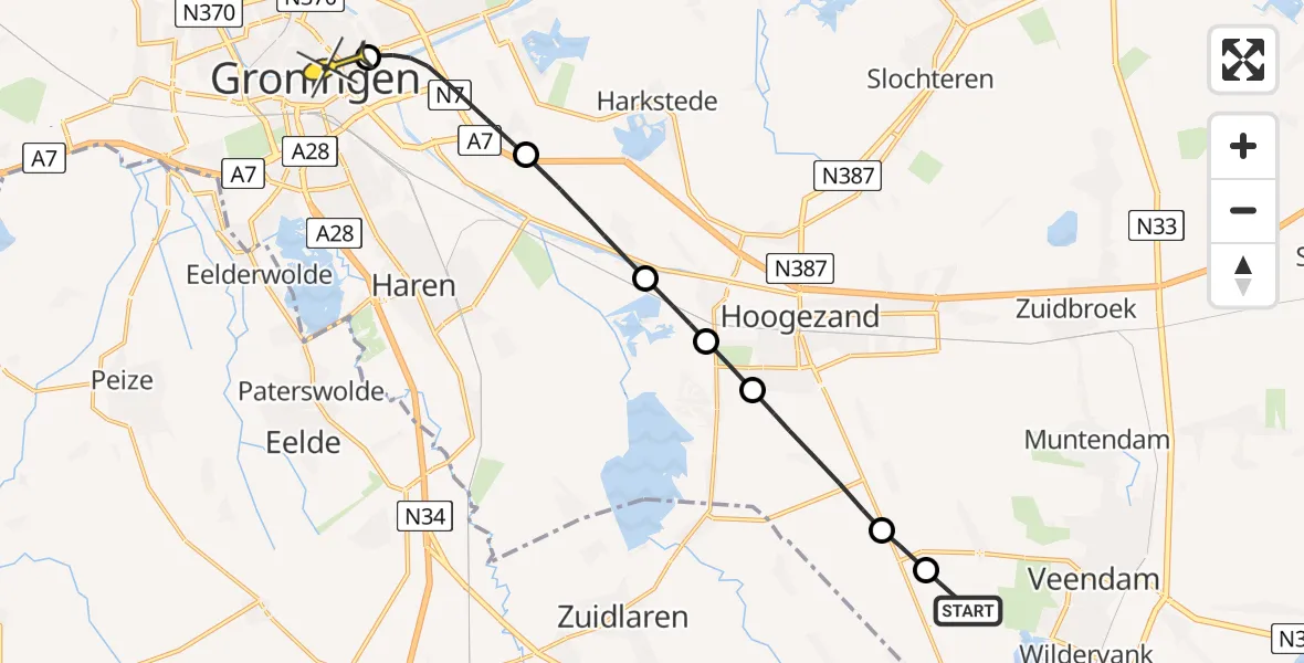 Routekaart van de vlucht: Lifeliner 4 naar Universitair Medisch Centrum Groningen, Kalkwijksterdiep