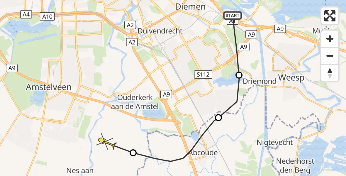 Routekaart van de vlucht: Politieheli naar Ouderkerk aan de Amstel, Diemerbospad