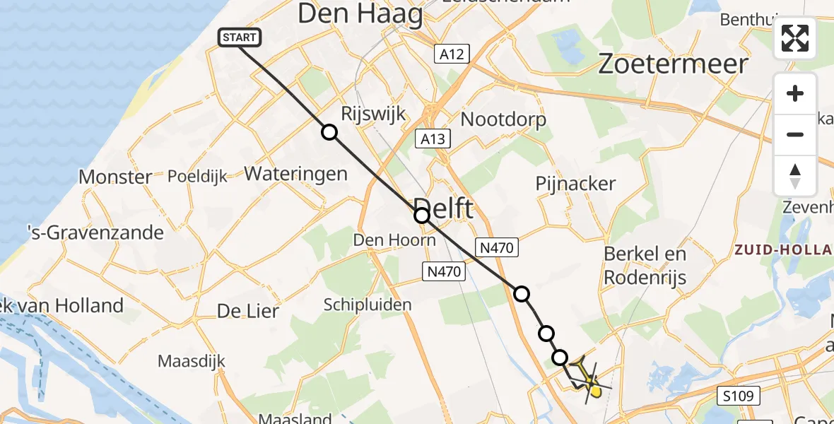 Routekaart van de vlucht: Lifeliner 2 naar Rotterdam The Hague Airport, Donker Curtiusstraat