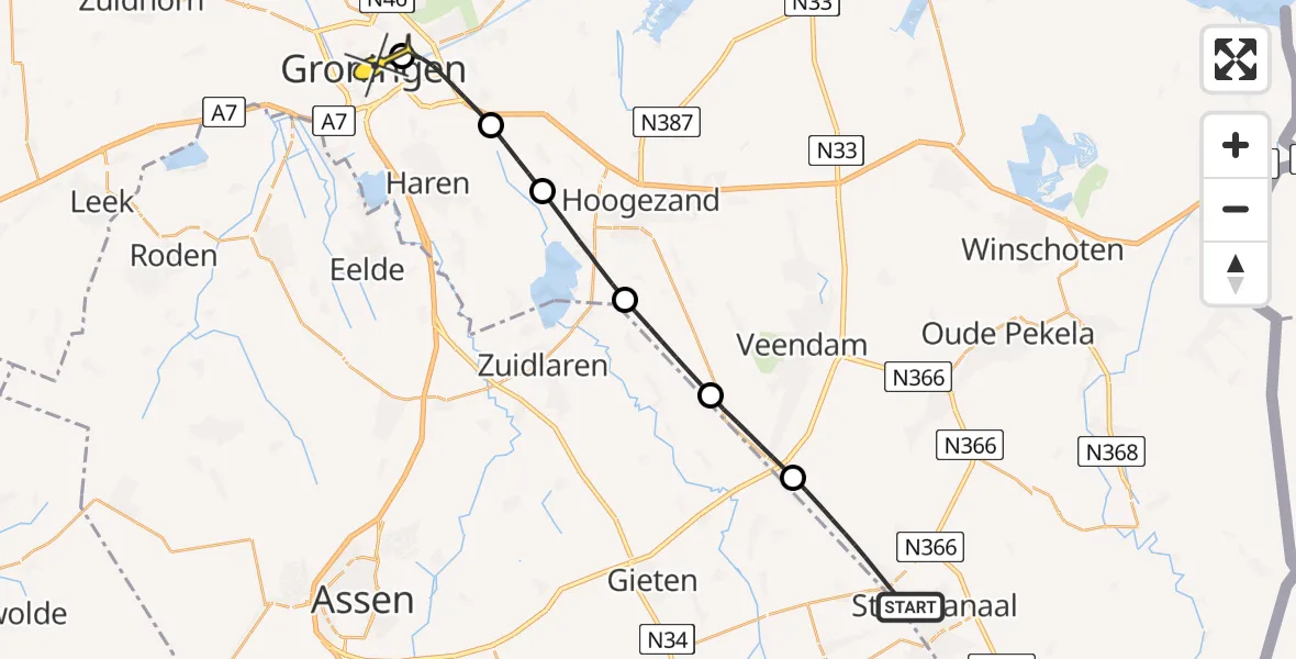 Routekaart van de vlucht: Lifeliner 4 naar Universitair Medisch Centrum Groningen, Handelskade