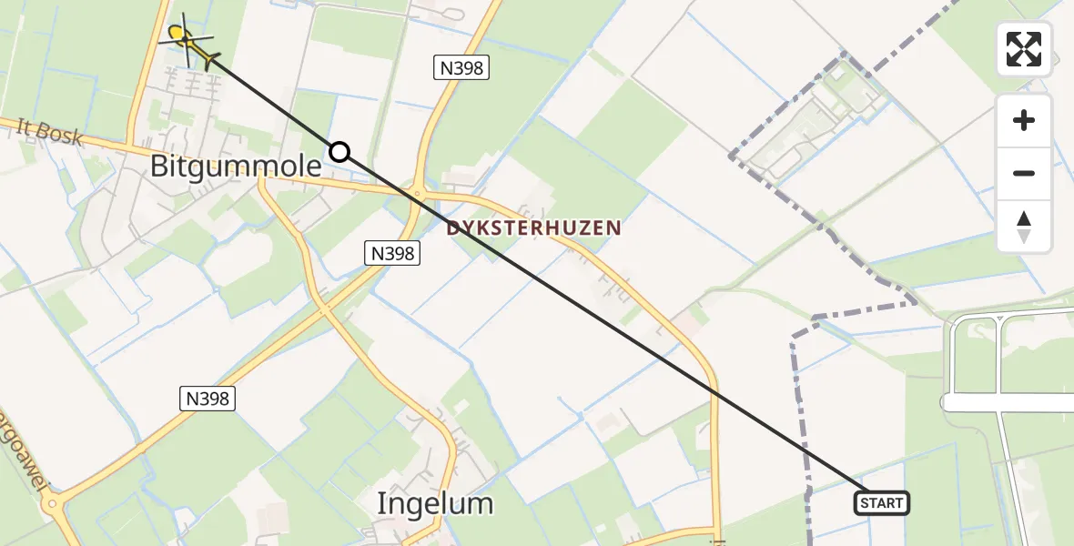 Routekaart van de vlucht: Ambulancehelikopter naar Bitgummole, JH van Aismawei