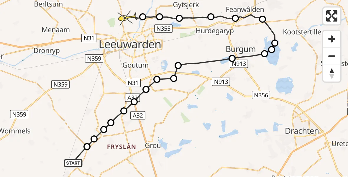 Routekaart van de vlucht: Ambulanceheli naar Jelsum, Tanialeane