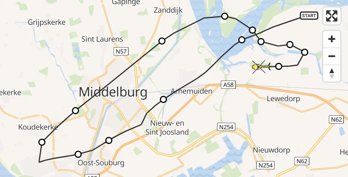 Routekaart van de vlucht: Politiehelikopter naar Vliegveld Midden-Zeeland, Egbert Petruspolderweg