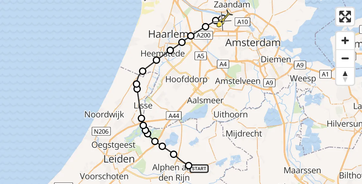 Routekaart van de vlucht: Lifeliner 1 naar Amsterdam Heliport, Oostkanaalweg
