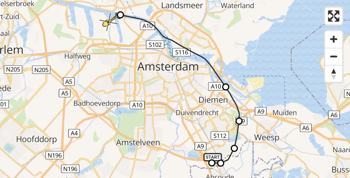 Routekaart van de vlucht: Lifeliner 1 naar Amsterdam Heliport, Ruwelspad