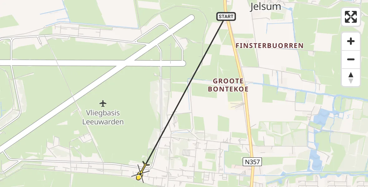 Vluchtroute Ambulancehelikopter van Vliegbasis Leeuwarden naar Vliegbasis Leeuwarden