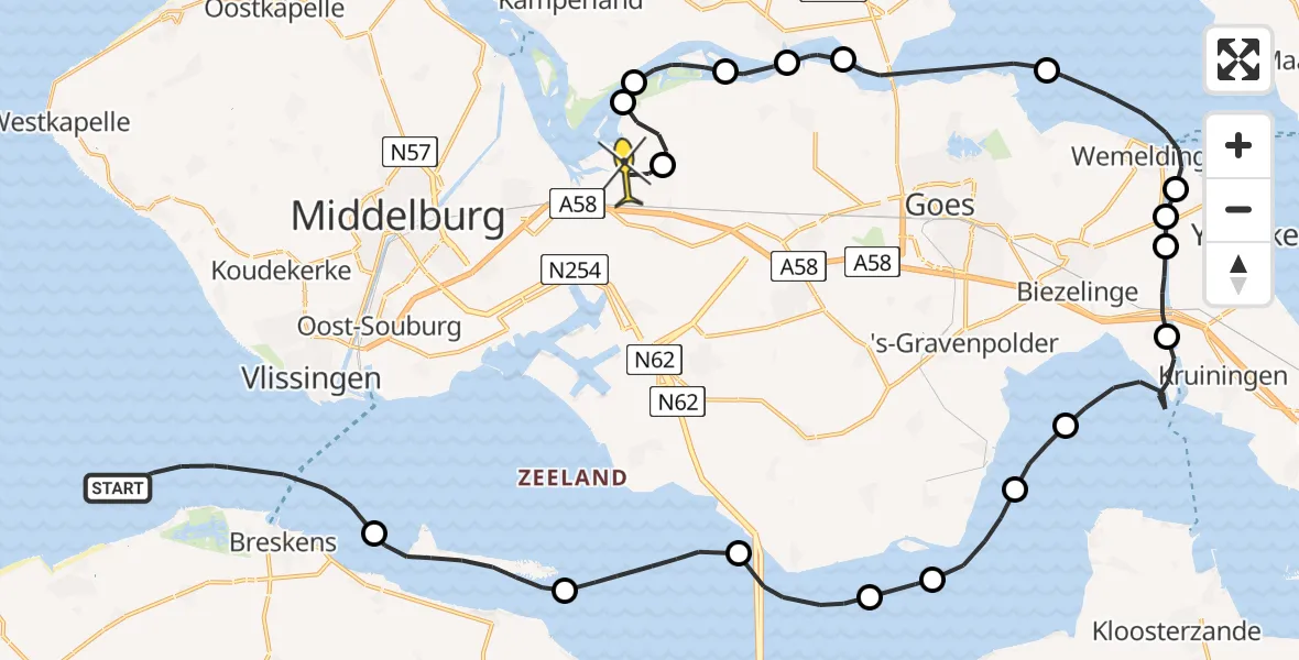 Routekaart van de vlucht: Politieheli naar Vliegveld Midden-Zeeland, Ankergebied Wielingen-Zuid