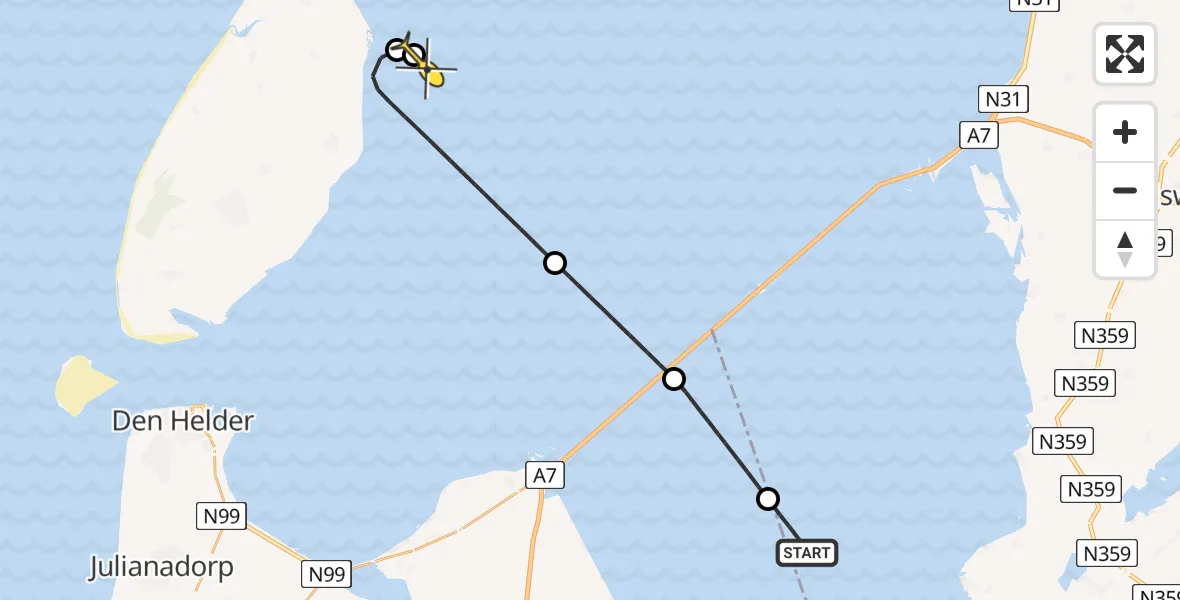 Routekaart van de vlucht: Kustwachthelikopter naar Oosterend