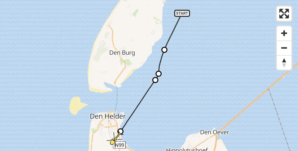 Routekaart van de vlucht: Kustwachthelikopter naar Vliegveld De Kooy, Luchthavenweg