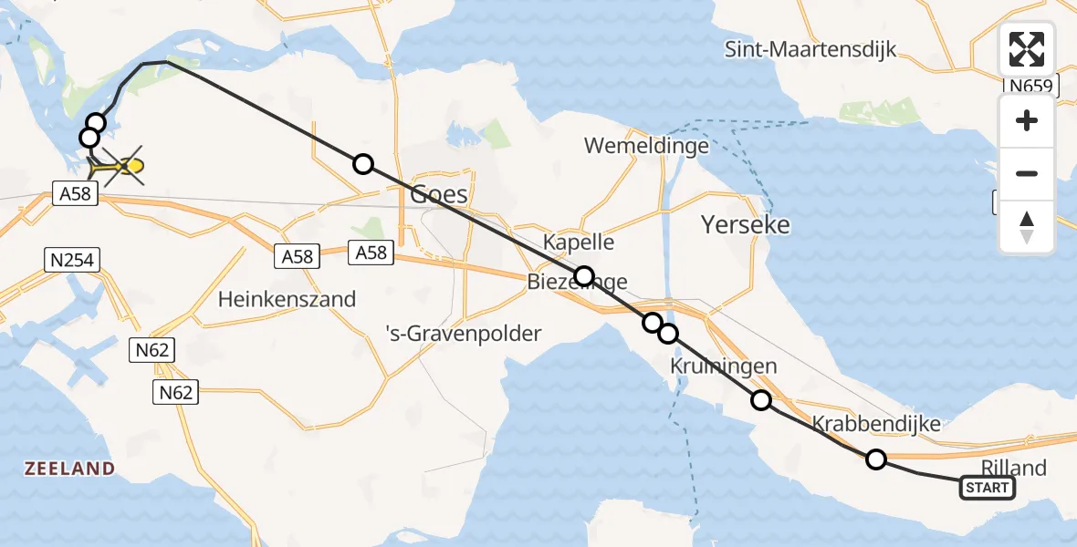 Routekaart van de vlucht: Politiehelikopter naar Vliegveld Midden-Zeeland, Mairepolder