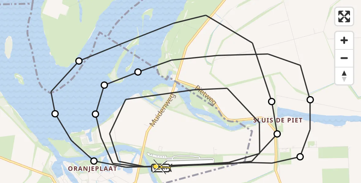 Routekaart van de vlucht: Politieheli naar Vliegveld Midden-Zeeland, Calandweg