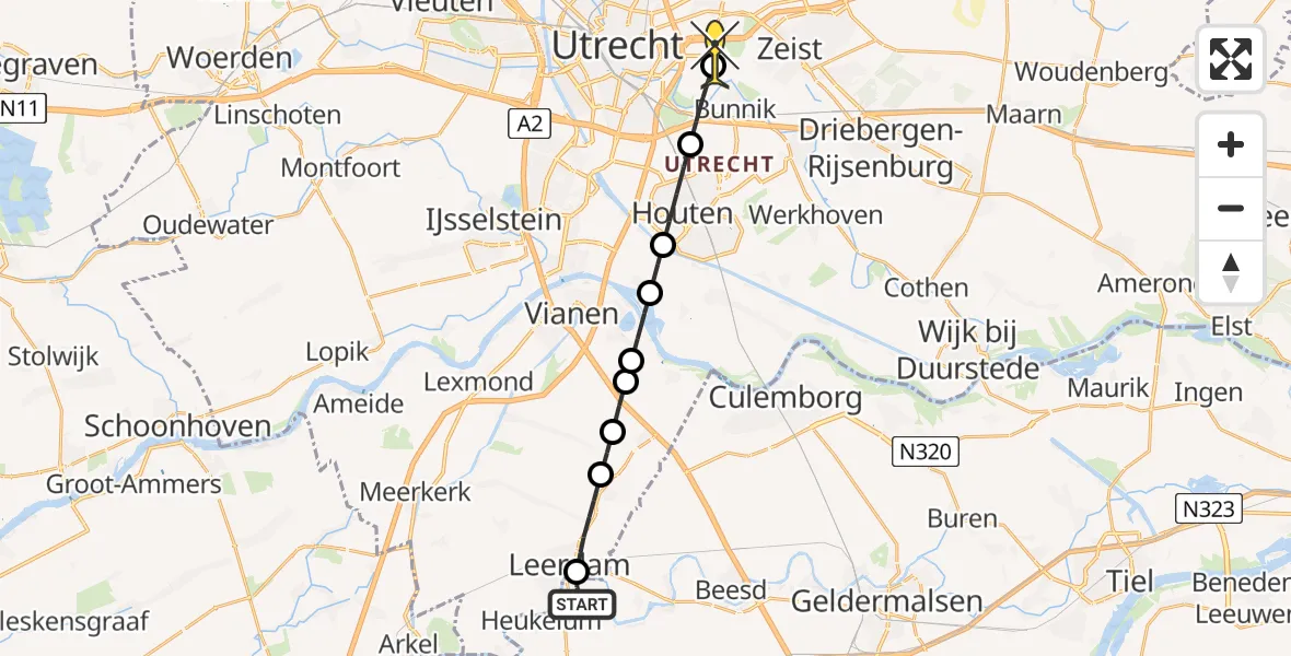 Routekaart van de vlucht: Lifeliner 3 naar Universitair Medisch Centrum Utrecht, Oranje Nassaulaan