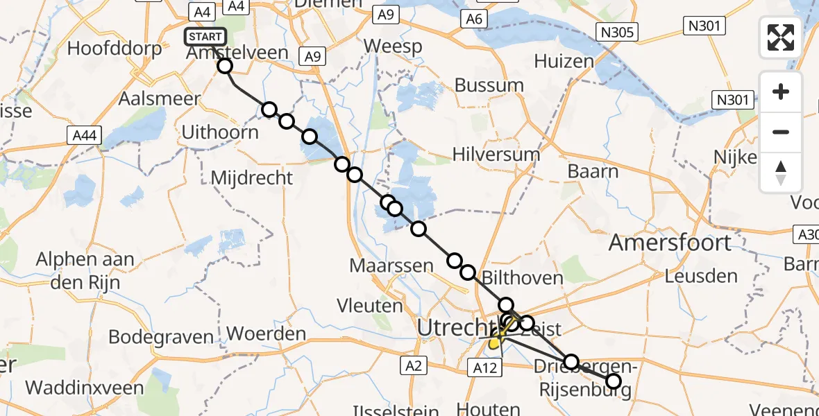 Vluchtroute Politiehelikopter van Schiphol naar Universitair Medisch Centrum Utrecht