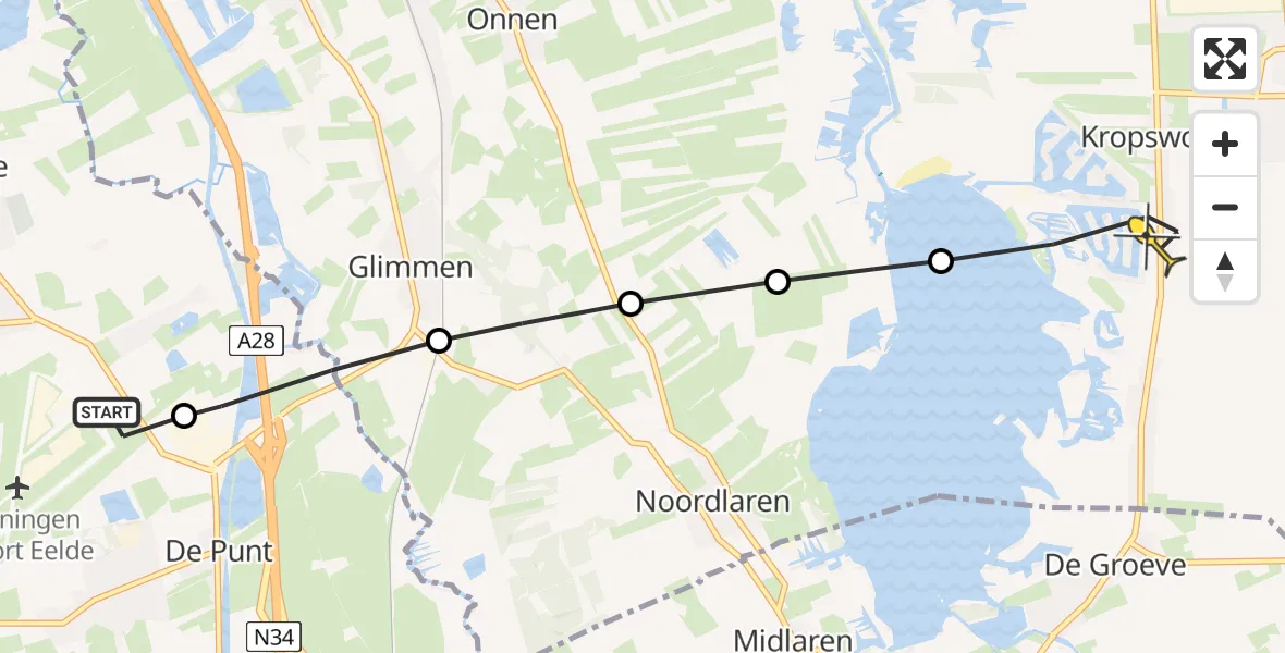 Routekaart van de vlucht: Lifeliner 4 naar Kropswolde, Burgemeester J.G. Legroweg