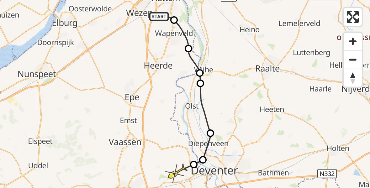 Routekaart van de vlucht: Politieheli naar Terwolde, Burgemeester Honcooplaan