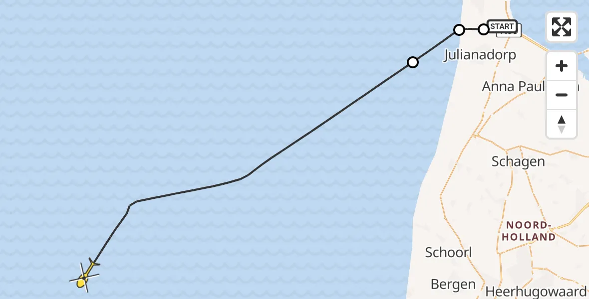 Routekaart van de vlucht: Kustwachthelikopter naar Middenvliet