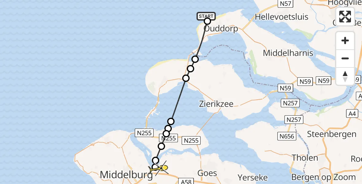 Routekaart van de vlucht: Kustwachthelikopter naar Vliegveld Midden-Zeeland, Dijk Het Flaauwe Werk