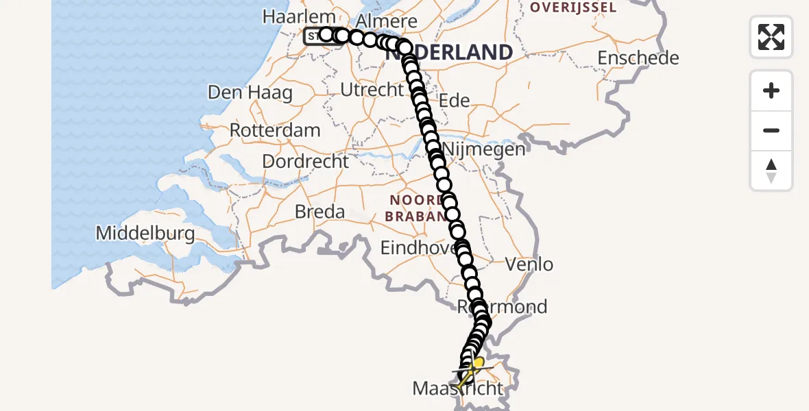 Routekaart van de vlucht: Politiehelikopter naar Maastricht Aachen Airport, Walaardt Sacréstraat