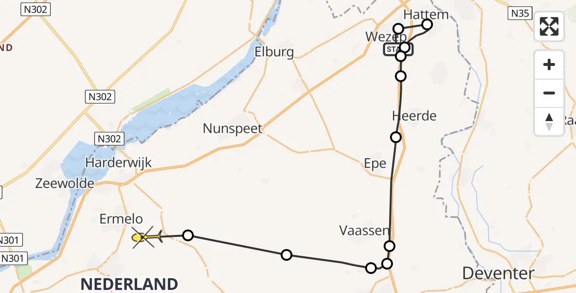 Routekaart van de vlucht: Politieheli naar Ermelo, Keizersweg