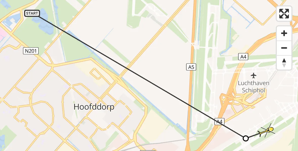 Routekaart van de vlucht: Politieheli naar Luchthaven Schiphol, Pieterweg