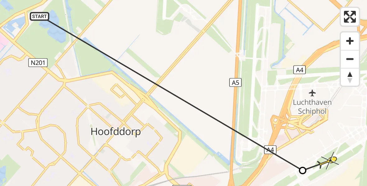 Routekaart van de vlucht: Politiehelikopter naar Luchthaven Schiphol, Pieterweg