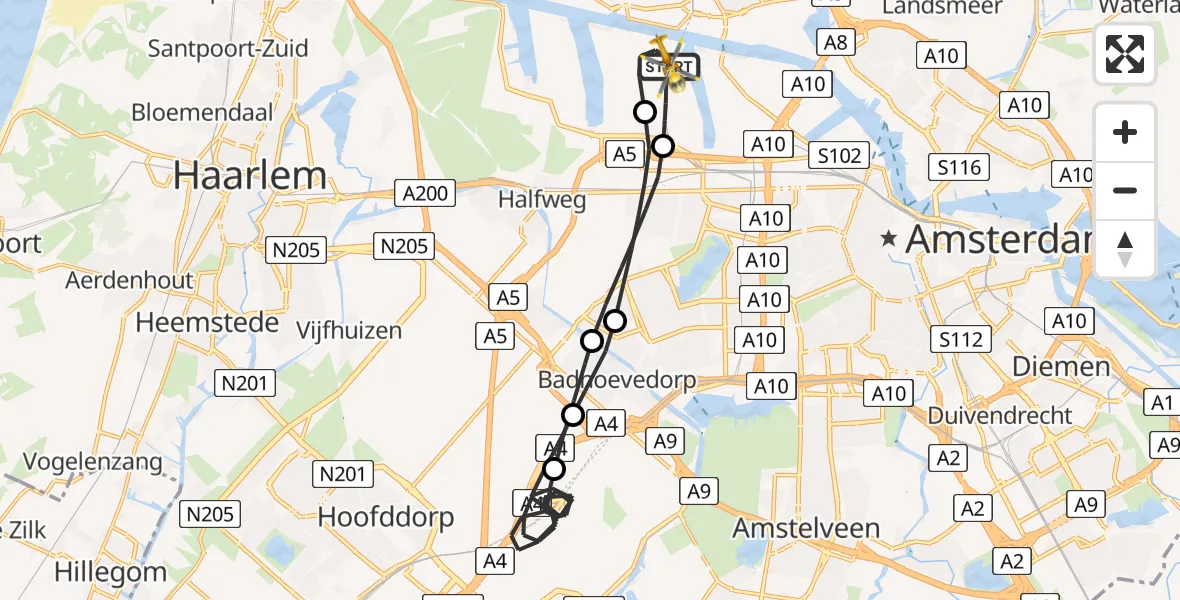 Vluchtroute Traumahelikopter van Amsterdam Heliport naar Amsterdam Heliport