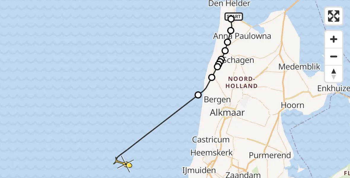 Routekaart van de vlucht: Kustwachthelikopter naar Maria's hoeve