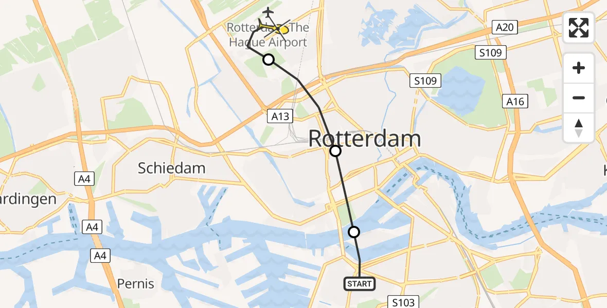 Routekaart van de vlucht: Lifeliner 2 naar Rotterdam The Hague Airport, Nieuwe Maas