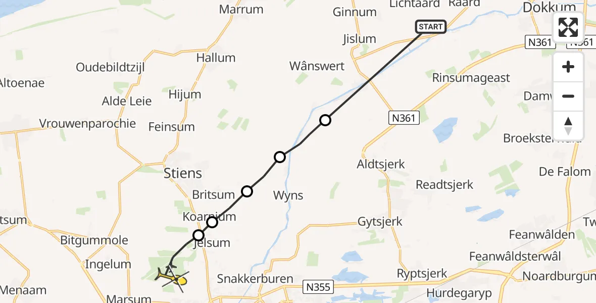 Routekaart van de vlucht: Ambulancehelikopter naar Vliegbasis Leeuwarden, Tergracht