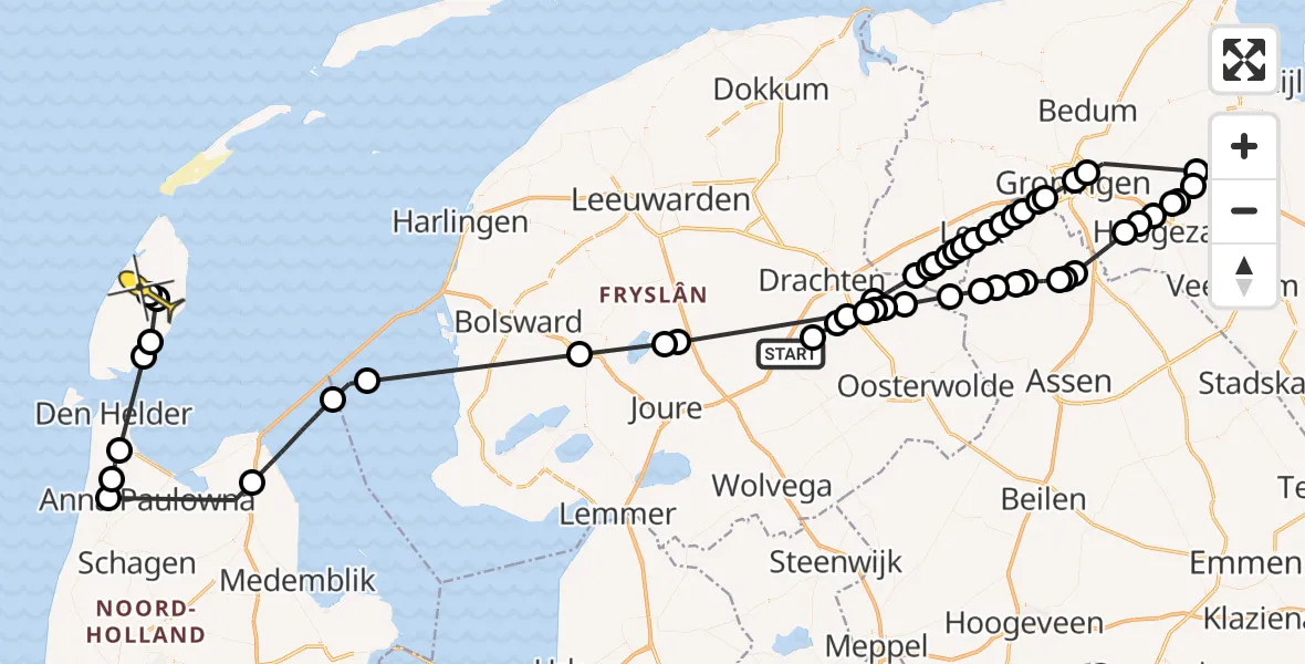 Routekaart van de vlucht: Politieheli naar De Cocksdorp, Skipsleat