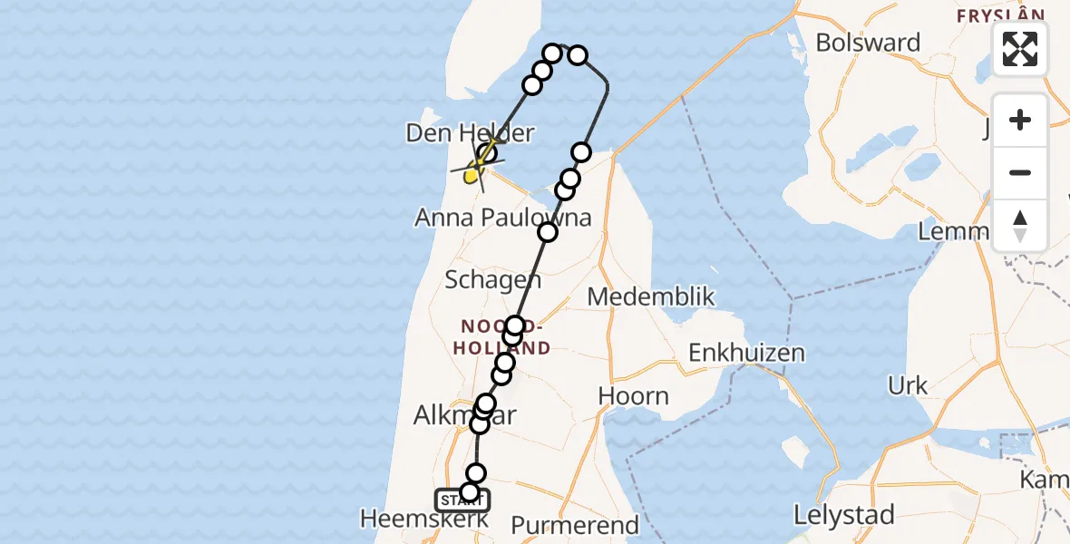 Routekaart van de vlucht: Kustwachthelikopter naar Vliegveld De Kooy, Uitgeestermeer