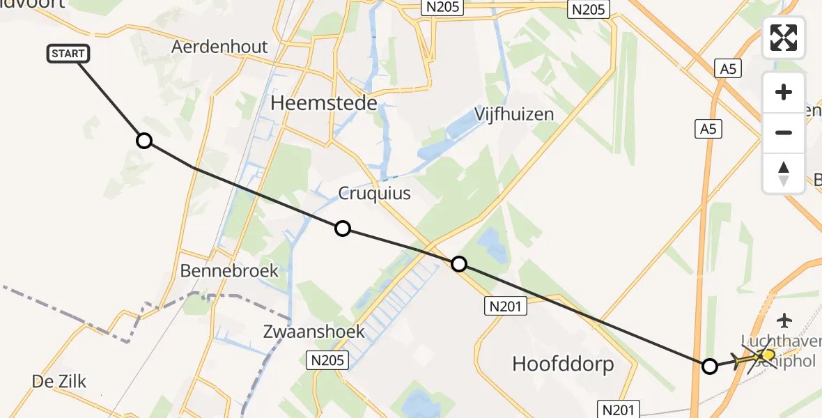 Routekaart van de vlucht: Politieheli naar Luchthaven Schiphol, Sprenkel Kanaal