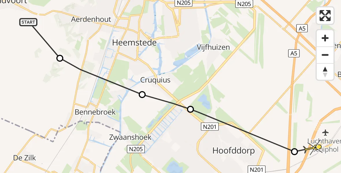 Routekaart van de vlucht: Politiehelikopter naar Luchthaven Schiphol, Sprenkel Kanaal