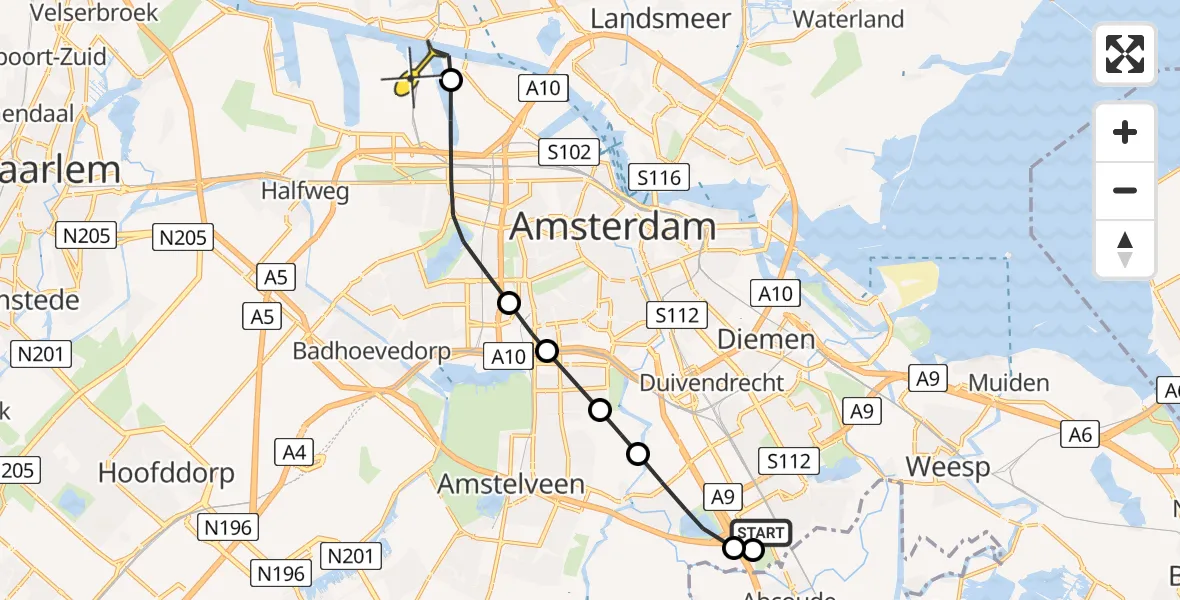 Routekaart van de vlucht: Lifeliner 1 naar Amsterdam Heliport, Amstelweg