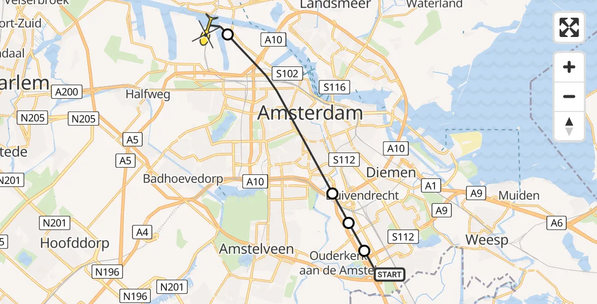 Routekaart van de vlucht: Lifeliner 1 naar Amsterdam Heliport, Tafelbergweg